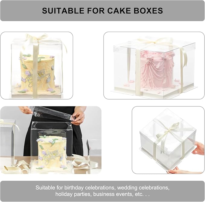 8 Pcs Clear Gift Box with Ribbon 3-Layer 10x10x12 Inch, Transparent Cake Carrier Box with Lids, PET Tall Cake Packaging Boxes, Clear Gift Boxes for Birthday,Wedding and Festival Party