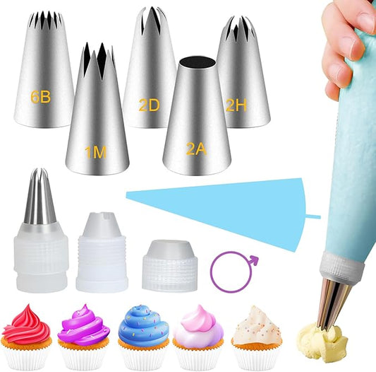 Large Piping Tips Set, Piping Bags and Tips Set 5 PCS Stainless Steel Frosting Tips for DIY Pastry Dough, Cookie, Cupcake, Cake (1M 2D 2F 6B 2A)