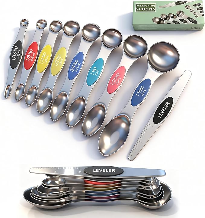 Stainless Steel Magnetic Measuring Spoons Set of 9 with Leveler,Dual Sided, Stackable, Adjustable Teaspoon and Tablespoon, Measuring Liquids and Dry Ingredients, Baking& Cooking Gadgest,Multicolor