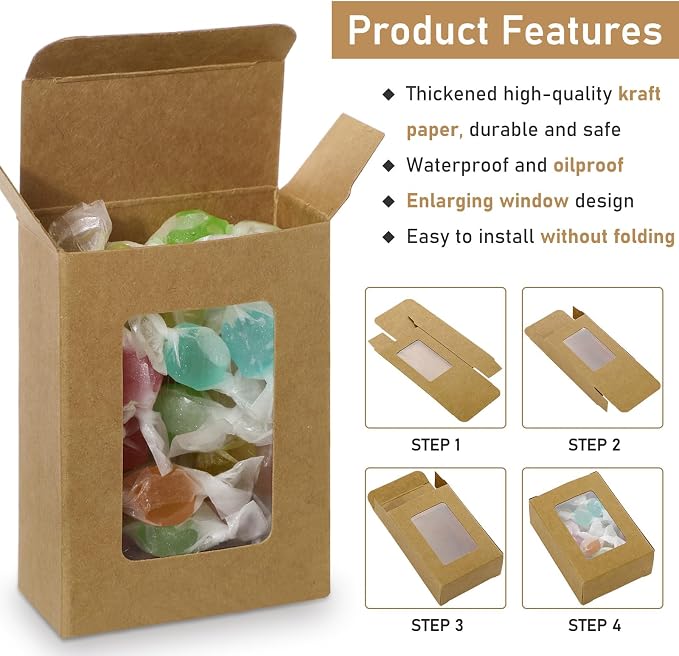 Zhanmai 100 Set Brown Small Soap Boxes for Homemade Soap, 3.35 x 2.36 x 1.2 Inch Paper Packaging Boxes with Window, with 100 Tag and Twine, Gift Wrapping Supplies for Bakery Candy Cookies Party Favors
