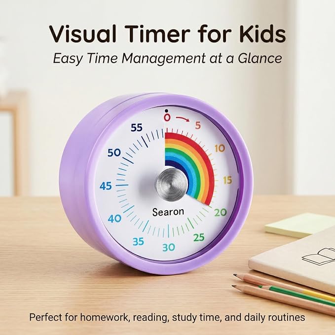 Searon Magnetic Visual Timer for Kids — 3.15" 60-Minute Rainbow Dial Timer for Homework, Study & Morning Routines, Silent LED Mode, Pause Function for ADHD, Kitchen, Cooking & Baking (Purple)