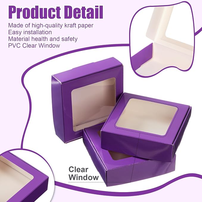 Zonon 30 Pcs Kraft Paper Boxes with Window 4.13 x 4.13 x 1.18 Inch Candy Packaging, Small Gift Boxes, Soap holder, Mini Treat Packaging for Bakery Chocolate Jewelry Display (Purple)