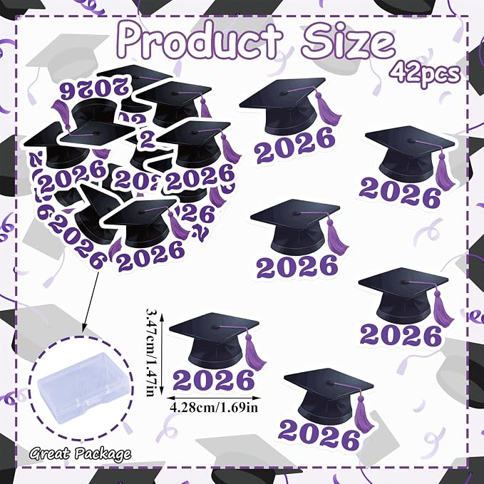 42pcs Edible Graduation Cap Cupcake Toppers Wafer Paper Purple Class of 2026 Cake Decorations Edible Grad Cap Cupcake Picks for 2026 Graduation Theme Party Cake Decor Supplies