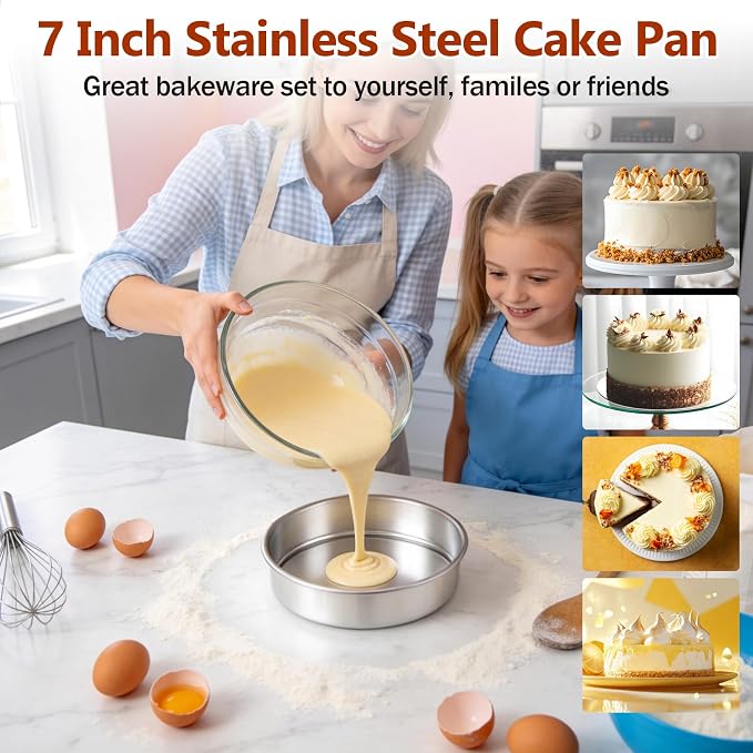 P&P CHEF 7 Inch Cake Pan Set of 4, 4 Pieces Round Layer Cake Baking Pans, Stainless Steel Smash Cake Tin Bakeware for Cooking Steaming, Nontoxic & Sturdy, Oven & Dishwasher Safe