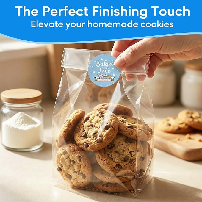 Baked with Love Stickers 120PCS 1.6 Inch Round Baking Labels for Cookies Cupcakes Dessert Table Treat Bags Gift Wrapping Birthday Party Candy Bags Homemade Packaging Small Business (Blue)