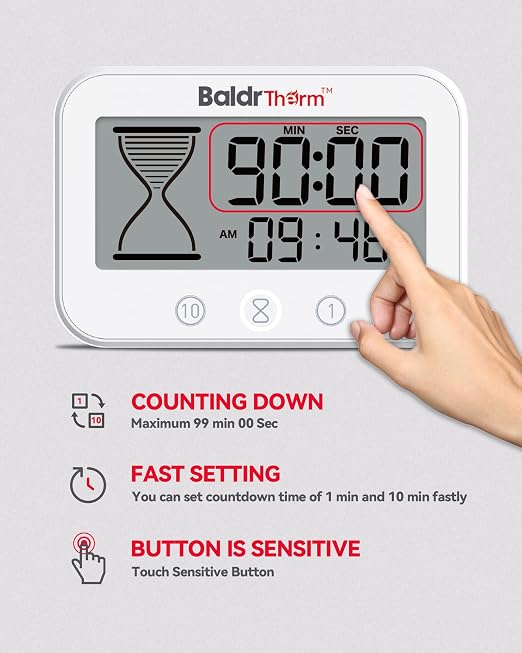 Baldrtherm Digital Timer, Works as a Countdown Timer, Real-time Clock, Hygrometer Thermometer. IP67 Waterproof Safe for Kitchen Bathroom Use. (White)