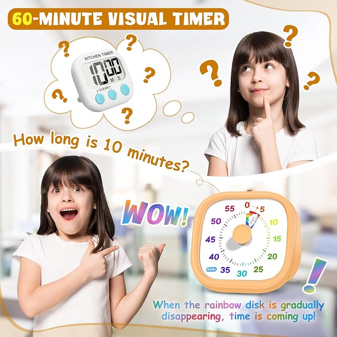 HIPPIH Visual Timer for Kids - 60 Minute Pomodoro Timers for Classroom Kitchen Office, Countdown Kids Timer Clock with Rainbow Disk, Desk Time Management Tool for Toddler with Silent Operation