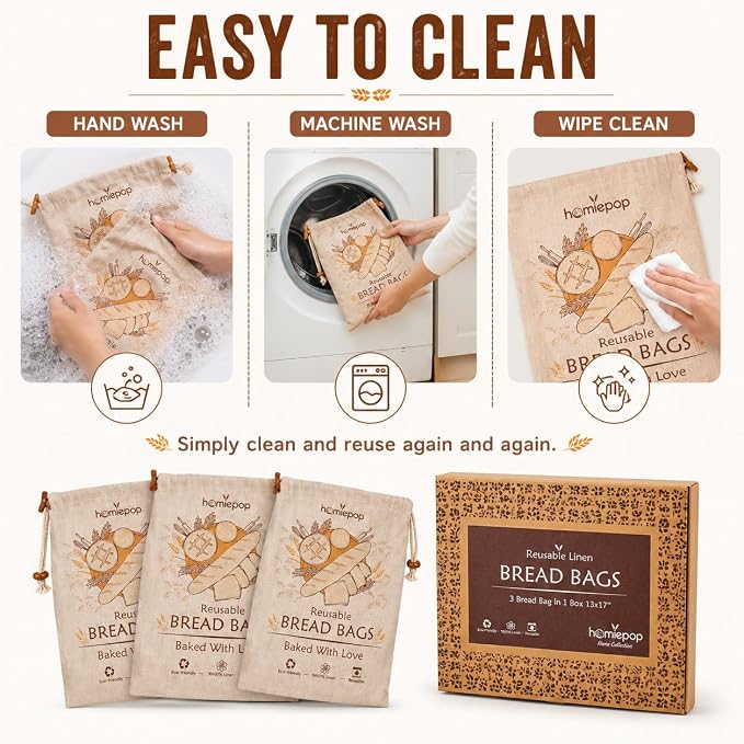 3 Pack Bread Bags for Homemade Bread – Reusable Linen Bread Storage Bags with Food-Safe Inner Lining, Keeps Bread Fresh Longer, Large 17 x 13 Inch Sourdough Bread Bags, Washable, Gift Box Included