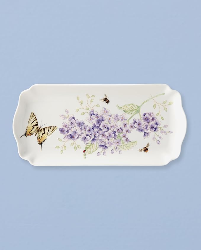 Lenox Serving Tray, Butterfly Meadow Everyday Rectangular Serving Tray, Porcelain, Butterfly Flower Design, Dishwasher Safe. Microwave Safe, 9.5x4.5x0.75-inch, Snacks Fruit, Serveware, White 9.5x4.5'