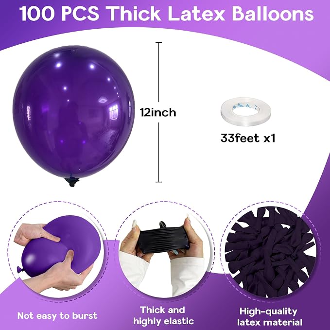 Jobkoo Purple Balloons 12 Inch, 100 Pack Dark Matte Royal Latex Balloons for Arch Deep Party Helium Decorations - Wednesday Birthday Halloween Graduation