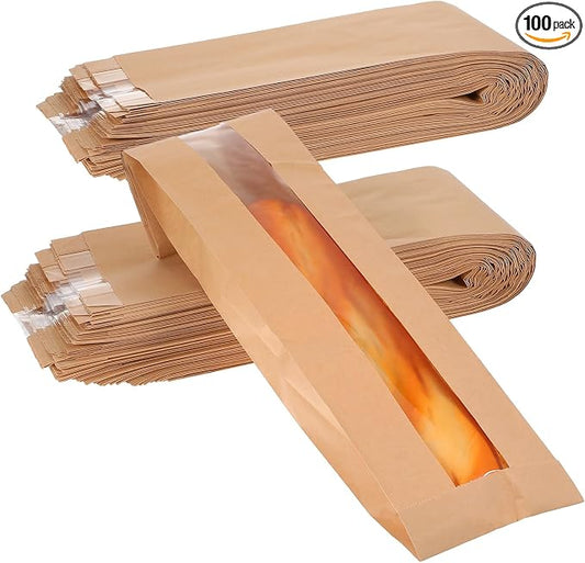 100 Pack 23.22 x 4.33 x 1.57 Inch Baguette Bread Bags with Clear Window, Long French Bread Bag, Paper Bakery Storage Bags for Homemade Breads, Pastries, and Snack