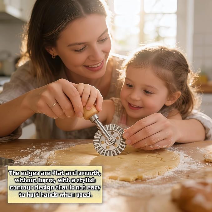 Pastry Wheel Cutter, 2 Inch Ravioli Cutter with Fluted Edge, Stainless Steel & Wood Handle for Pie Crust, Pasta, Dough, Empanadas - Professional Baking Tools, Easy Clean & Comfort Grip