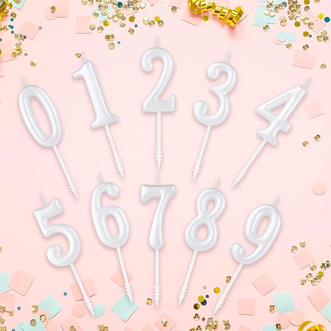 Beanlieve Pearl White Numeral Birthday Candles - Cake Numeric Candles Number 0 1 2 3 4 5 6 7 8 9,Used for Cake Decoration on Birthday Parties and Wedding Anniversary Celebrations(10 Pieces)