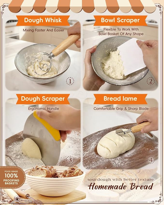 Complete Sourdough Starter Kit with Manual | Easy to Clean for Beginners | Sourdough Bread Baking Supplies with Round Bread Proofing Basket, Bread Sling, Starter Jar, Dough Whisk, Scrapers, Bag