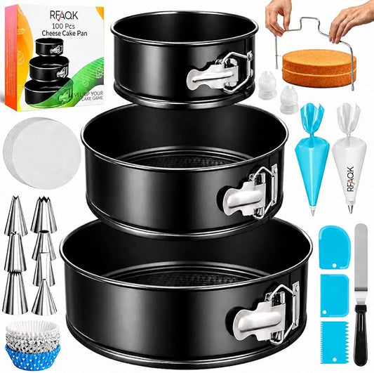RFAQK 100pcs Cake Pan Sets for Baking + Cake Decorating Supplies: 3 Non-Stick Springform Pans Set (4, 7, 9 inches), Icing Tips, Cake Leveler – Multi-functional Leak-Proof CheeseCake Pan & eBook