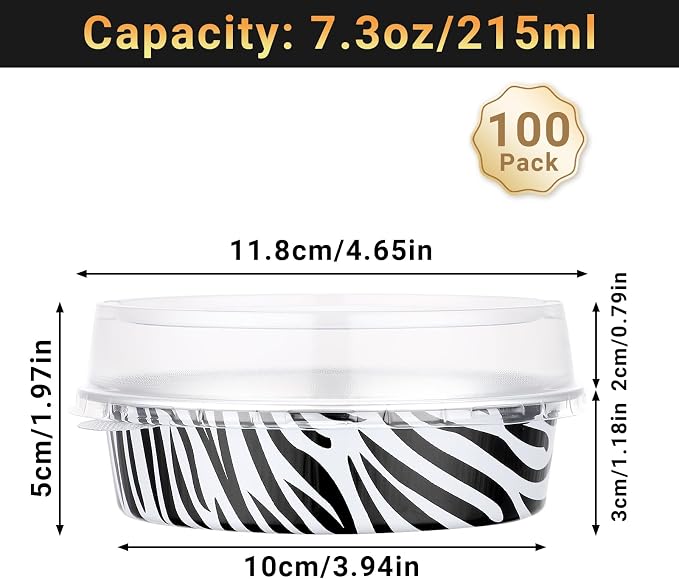 Beasea Disposable Cupcake Pans with Lids, 100 Pack 7.3oz Aluminum Baking Foil Tart Pie Tins, Small Round Tart Containers for Individual Dessert Muffin Cheesecake Quiche Oven Dishes - Zebra Stripes