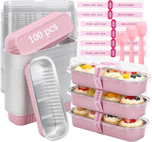 100 Pack 6.8 oz Rectangular Mini Loaf Pans with Lids and Spoons,Disposable Aluminum Foil Mini Cake Pans and Baking Tins with Sealing Stickers, Individual Pink Dessert Containers for Parties