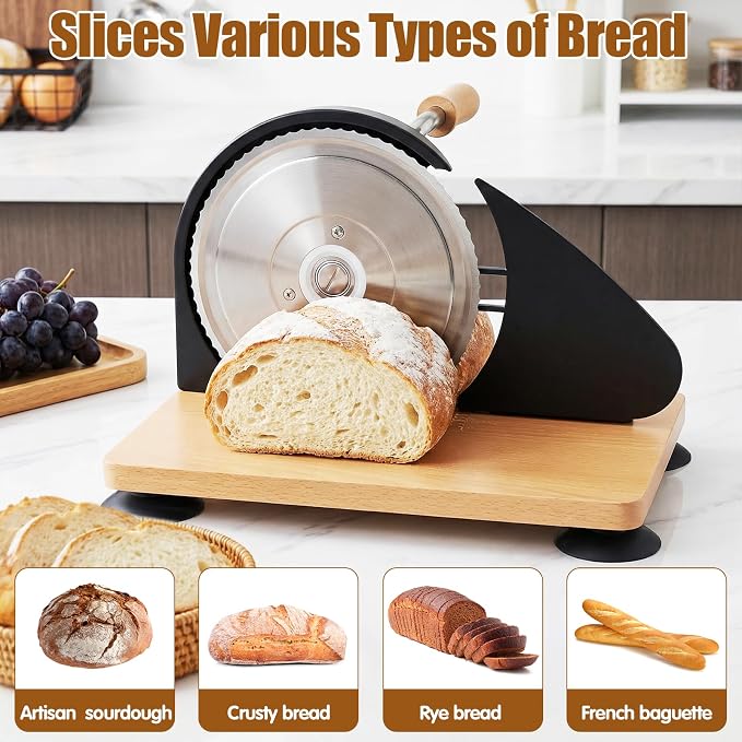 Manual Bread Slicer for Homemade Sourdough Bread, Adjustable Thickness & Evenly Slicing, Hand Crank Bread Slicer with Scale Line and Suction Cup, Serrated Blade Design, Patent Black
