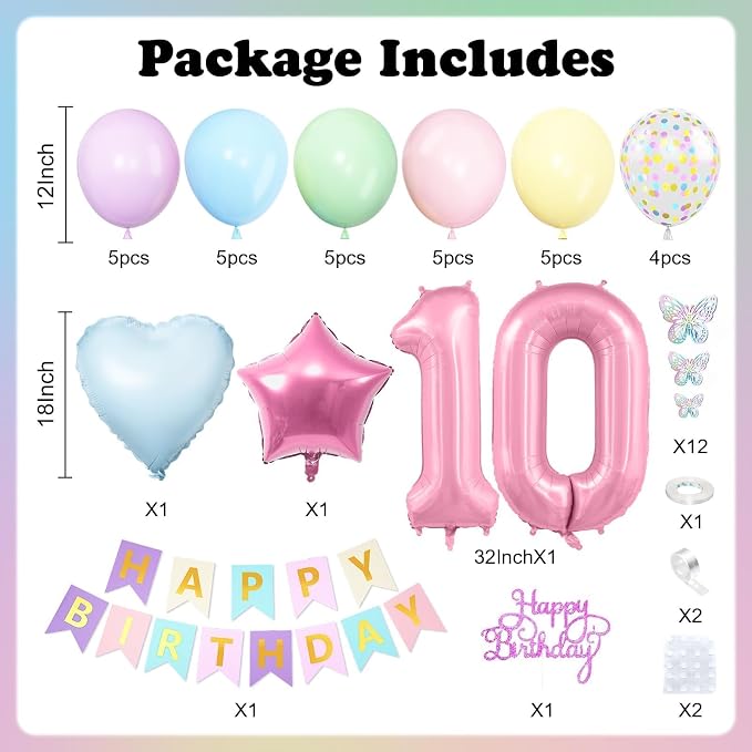 Pastel 10th Birthday Decorations for Girl,Macaron Rainbow 10th Party Decoration Colorful Balloons Banner Star Heart Number 10 Foil Balloon Cake Topper Butterfly Party Decorations
