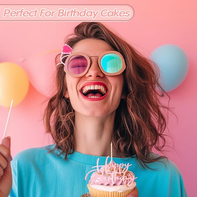 Weysat 30 Pcs Pink Mirror Acrylic Cupcake Toppers Happy Birthday Cake Decorations for Birthday Party Cupcake Toppers
