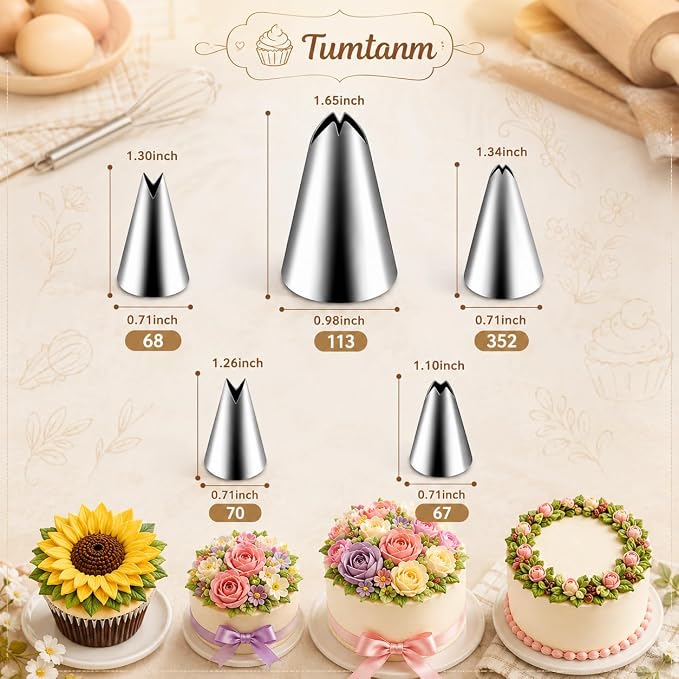5 Pcs Leaf Piping Tips Set, Stainless Steel Cake Decorating Tips for Buttercream, Frosting Icing Nozzles for Cupcakes, Cookies, Cakes – Includes 67, 68, 70, 352, 113 – Dishwasher Safe