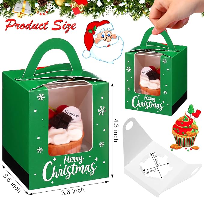 TaoBary 24 Pcs Christmas Cupcake Boxes Xmas Individual Cupcake Box Christmas Cookie Boxes with Window Insert Handle Muffin Pastry Holder Bakery Treat Box for X-mas Party(Snowman)