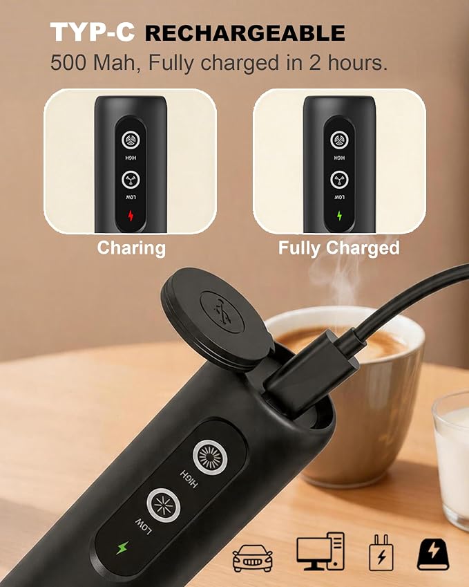 2-Speed Rechargeable Milk Frother Handheld with Cover, Dual Coil Whisk Coffee Frother Handheld - Portable Hand Frother Wand for Coffee Matcha Cappuccino & Hot Chocolate, Kitchen Gift