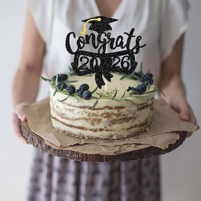 1 Pack Congrats 2026 Cake Topper Glitter Diploma Graduation Cap Cake Pick Contrats Class of 2026 Cake Decorations for 2026 Graduation Theme High School Boys Girls Graduate Party Black