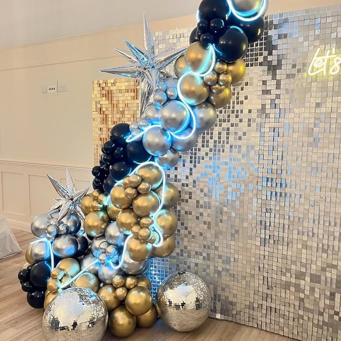 Black Gold and Silver Balloon Arch Kit, 142Pcs Metallic Chrome Balloons and Stars Balloon Garland kit, Different Size Balloons Kit for New Year Men Birthday 2026 Graduation Party Decorations