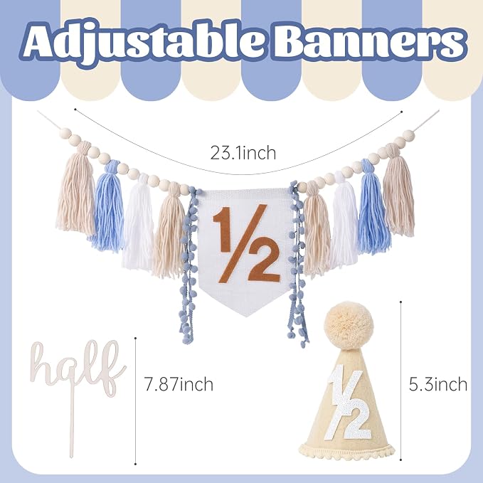 CWK Half Birthday Decorations for Baby, 1/2 Birthday High Chair Banner with Cone Hat & Cake Topper, Half Way to One Party Kit, Photo Props for 6 Month Baby Birthday(Blue)