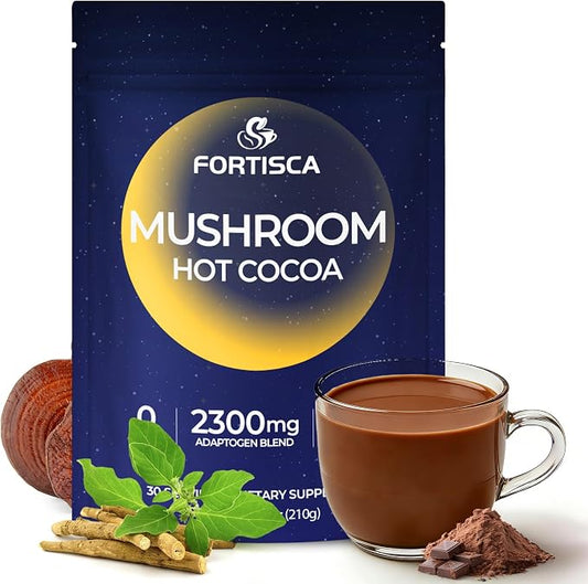 Mushroom Hot Cocoa Powder, Magnesium Glycinate, L-Theanine, Reishi, Tryptophan, Ashwagandha, Sleep Hot Chocolate Supplement for Calm, Relax, Sleep & Stress Support, Mushroom Coffee 210g