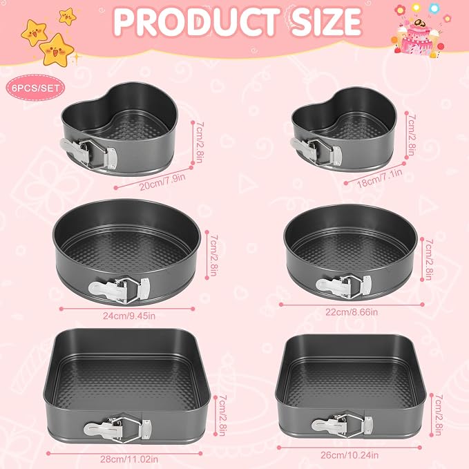 6Pcs Springform Cake Pan Set Of 7 7.8 8.6 9 10 11inch Moldes Para Pasteles Non-Stick Spring Pans Heart Cake Pan Round Nonstick Cheesecake Pans Square Spring Form Pan For Cheesecake Pizza Quiches