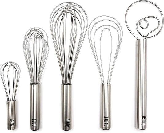 Tovolo Stainless Steel Whisk Set of 5 Complete Dishwasher Safe Collection 6" Mini, 9" Beat, 10" Flat for Sauce, 11" Balloon Whip and 12" Dutch Dough Whisk for Cooking Whisking Mixing Whipping Beating