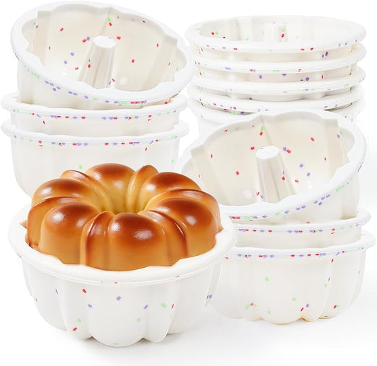 4 Inch Silicone Mini Fluted Tube Cake Pans with Metal Frame, 12 Pcs Nonstick Mini Flan Molds for Baking, BPA Free – Individual Reusable Jello Mold for Small Business or Home Baker(Cream)