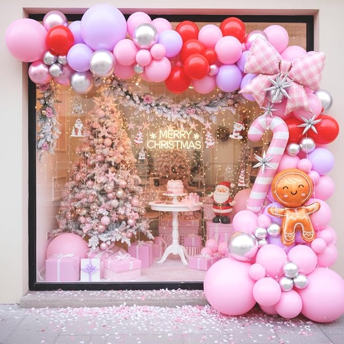 Christmas Balloon Arch Kit, Red Pink Purple Metallic Silver Balloons with Gingerbread-Style Foil,Bow Foil,Pink Candy Cane Balloons for Girl Birthday Party Decorations Baby Shower Backdrop