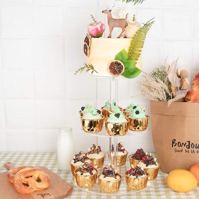 YestBuy 3 Tier Round Cupcake Stand, Acrylic Cake stand, Cupcake Tower Stand, Premium Cupcake Holder For 23 Cupcakes, Display for Pastry Wedding Birthday Party (4.7" between 2 layers)