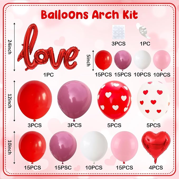 Valentines Day Balloons Arch Garland Kit, 126Pcs Red Pink Valentines Party Decorations with LOVE Red Heart Balloon for Galentines Anniversary Engagement Wedding Supplies