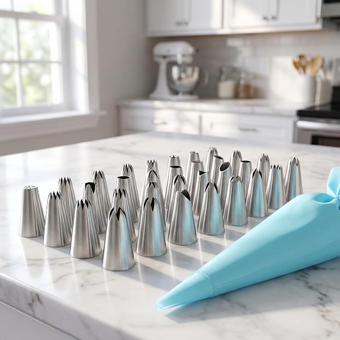 26PCS Cake Decorating Kit, Stainless Steel Piping Tips Set with Reusable Pastry Bag & Coupler, Icing Tips for Cupcake, Baking, DIY Dessert Decorating Tools (Bag Included)