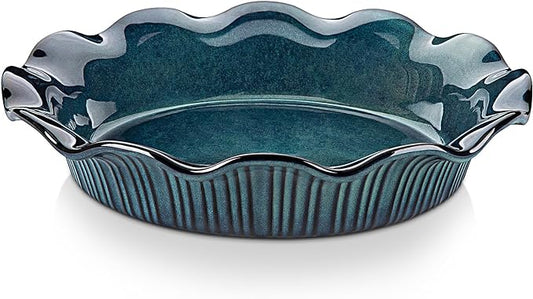 vancasso Ceramic Pie Pan for Baking, 9 inch Deep Pie Plates for Apple Pie, Pot Pie, Tart and Quiche, Reactive Glaze Fluted Pie Pans, Large Pie Dish with Ruffled Edge, Green, STERN Series