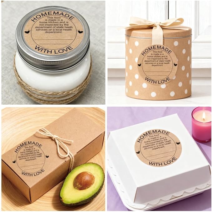 500 Pcs Cottage Food Law Homemade with Love Stickers 2 inch Home Kitchen Inspection Statement Labels Made in Home Kitchen Canning Jar Stickers of Personalized Baking (Kraft Paper)