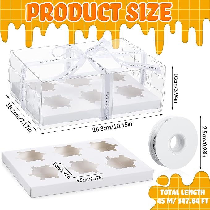 Dandat 24 Pack Clear Cupcake Boxes 6 Count Plastic Clear Cupcake Containers with Gift Ribbon Rectangle Bakery Cake Boxes Carrier Holder for Birthday Wedding Christmas Party