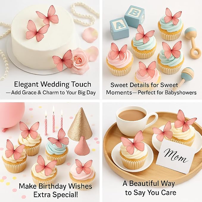 Confect Edible Wafer Paper Butterflies Set of 56 (1.77 x 1.18 Inch Per Buttefly) – Colorful Pink Butterfly Cake Decorations, Cupcake Toppers for Birthday, Wedding, Party – Edible Butterfly Toppers