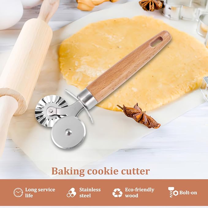 SHANGSKY Pastry Cutter Wheel, Ravioli Cutter Wheel with Long Wooden Handle, Pasta Cutter Dumpling Lace Making Noodle Ruffled Edge Cookies Pie Cutter Kitchen Dough Cutting Tool (Dual Wheel)