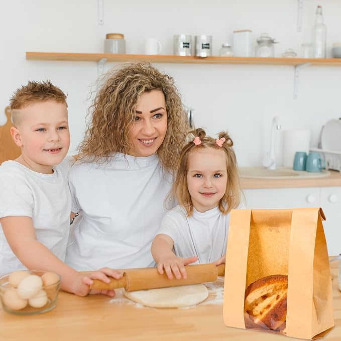 Moretoes Large Paper Bread Bags for Homemade Bread, 50Packs Sourdough Bread Bags with Window Includes Label Seal Stickers for Baked Food Packaging Storage (13.7x8.3x3.5 Inch), Brown