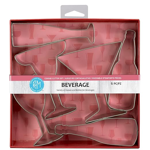 R&M International 1978 Beverage Cookie Cutters, Martini Glass, Champagne Flute, Champagne Bottle, Bottle, Wine Glass, Margarita Glass, 6-Piece Set