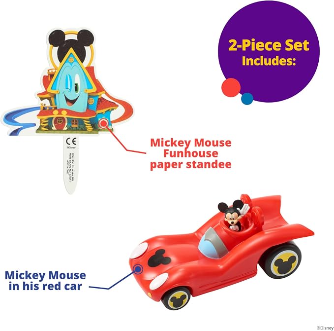 DecoSet Disney Mickey Mouse Funhouse Sweet Adventures, 2-Piece Topper Set with Waving Mickey In Car and Pic To Set The Scene, For Birthday, Party, Celebration