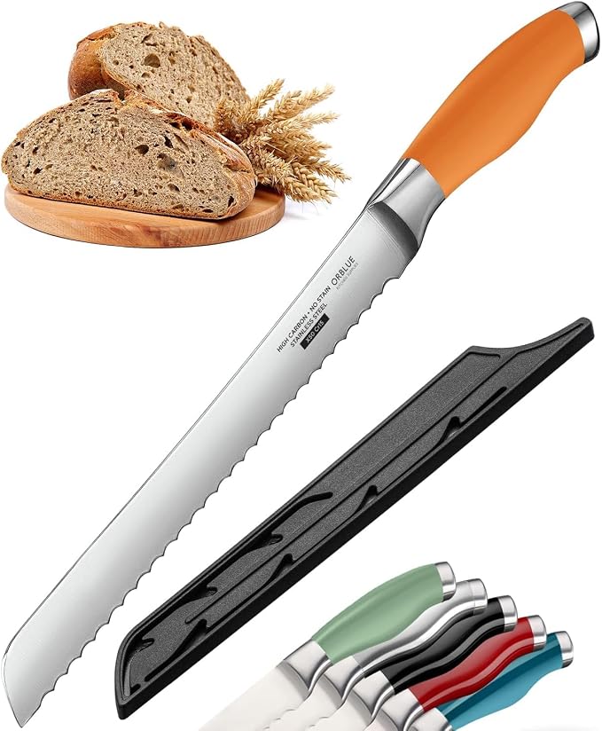 Orblue Serrated Bread Knife with 10-inch Upgraded Stainless Steel Razor Sharp Wavy Edge Width - Bread Cutter Ideal for Slicing Homemade Bagels and Cake (Tuscan Orange)