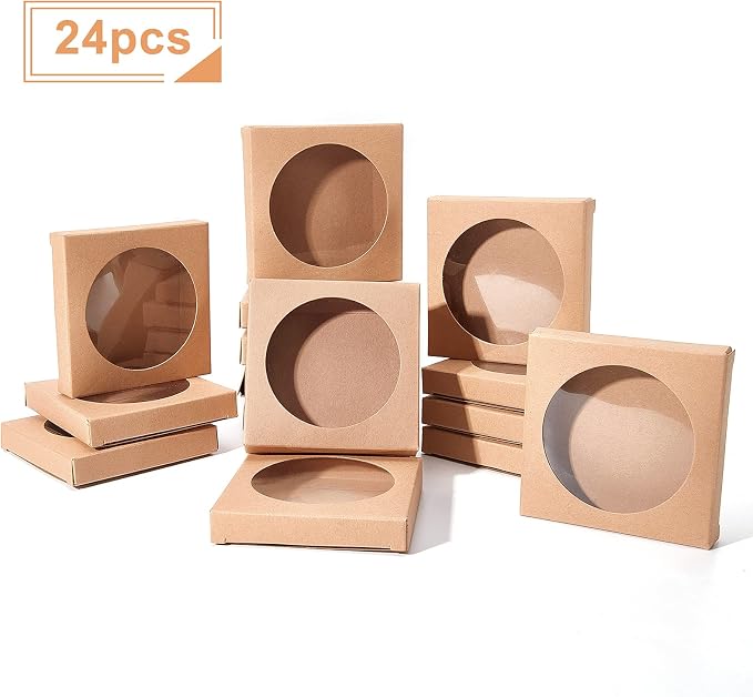 BENECREAT 24 Pack Brown Kraft Paper Boxes with Clear Window 3.5x3.5x0.6" Paper Gift Packaging Boxes for Wedding Party Candy Cookies Favor Treat
