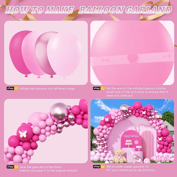 412Pcs Pink Balloon Garland Arch Kit,18 12 10 5 Inch Hot Pink Balloons Metallic Magenta Latex Balloons for Birthday Shower Princess Theme Party Wedding valentines Background Decorations
