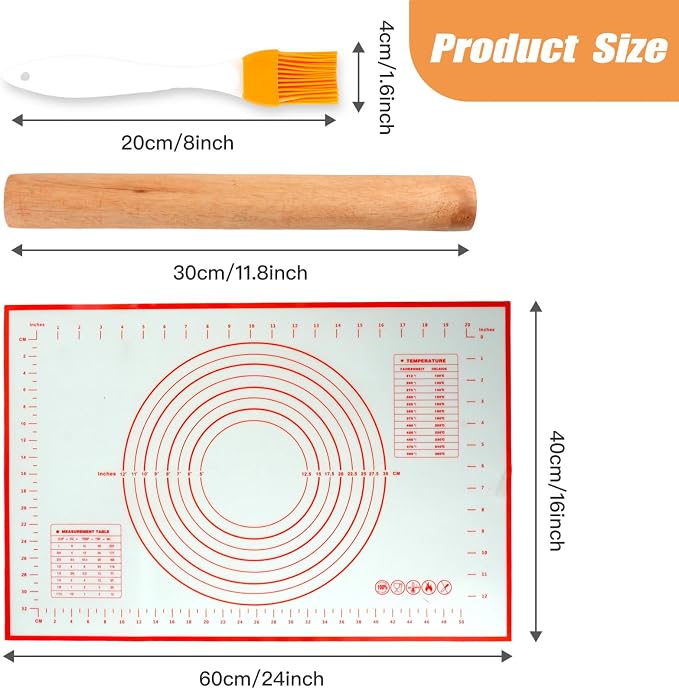 Silicone Baking Mat with Measurement, YRYUNRUI Bread Making Tools, Gifts for Bakers Extra Rolling Pin, Dough Scraper and Brush, Non-Stick Kitchen Accessories (16x24inch)